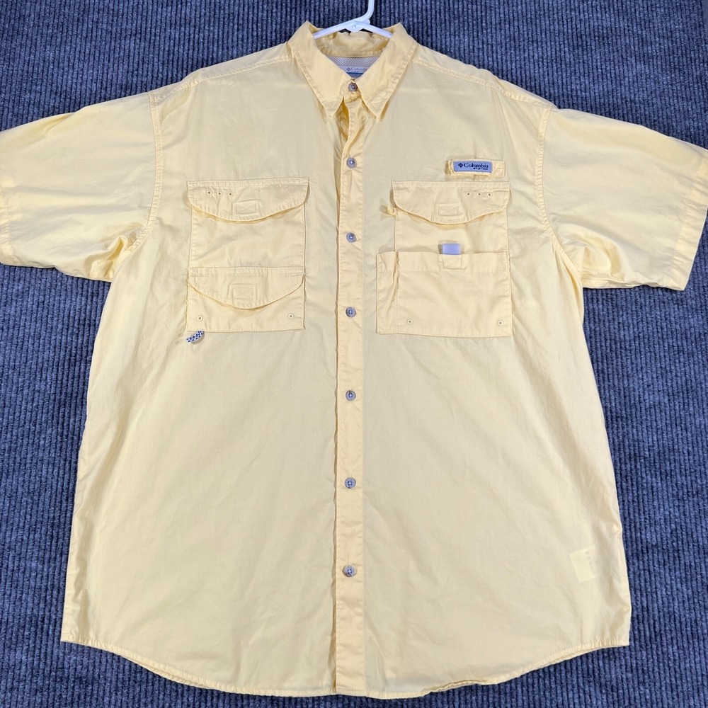 Columbia PFG Shirt Mens Large Yellow Short Sleeve Button Up Fishing Outdoor - Picture 2 of 13